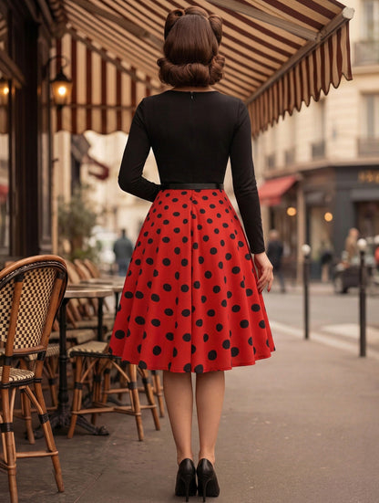 Vintage Polka Dot Swing Dress for Women - 1950s Rockabilly Long Sleeve Belted A-Line Midi Dress - Spring Retro Party 2026