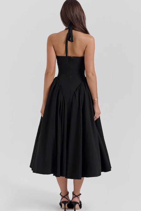 Deep V-Neck Halter Pointed Bodice Fit-and-Flare Midi Dress