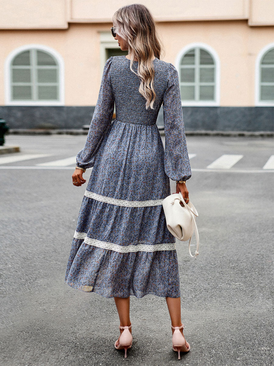 Floral Dress Layered Jewel Neck Long Sleeves Fall Midi Dress