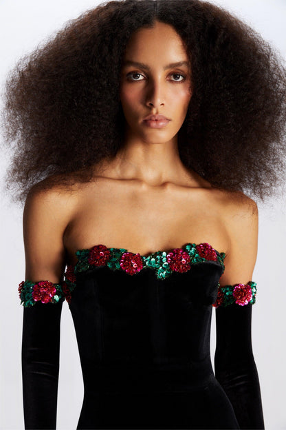 Sequin Floral Velvet Midi Dress With Gloves