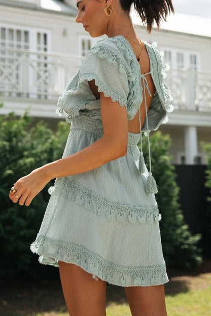 Swiss Dot Lace Trim Tassel Tie Flutter Sleeve Tiered Smocked Mini Dress