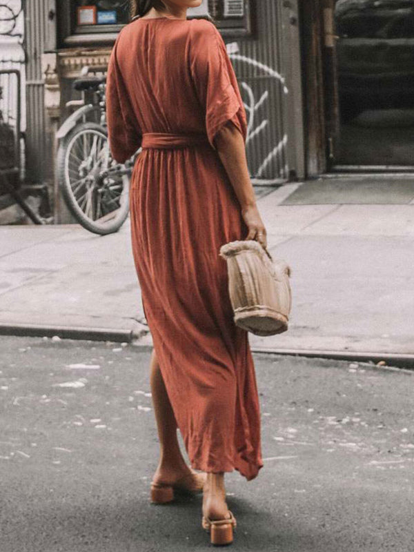 Deep V Neck Maxi Dress for Women - Boho Kimono Half Sleeve Belted Side Slit Kaftan Dress - Summer Beach Vacation 2026
