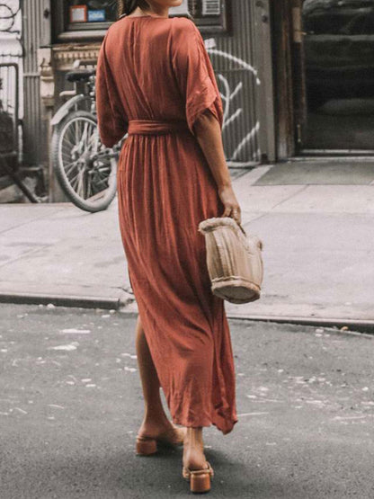 Deep V Neck Maxi Dress for Women - Boho Kimono Half Sleeve Belted Side Slit Kaftan Dress - Summer Beach Vacation 2026