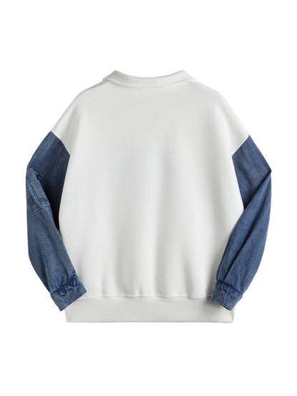 Denim Splice Letter Print Lapel Neck Oversized Hoodie