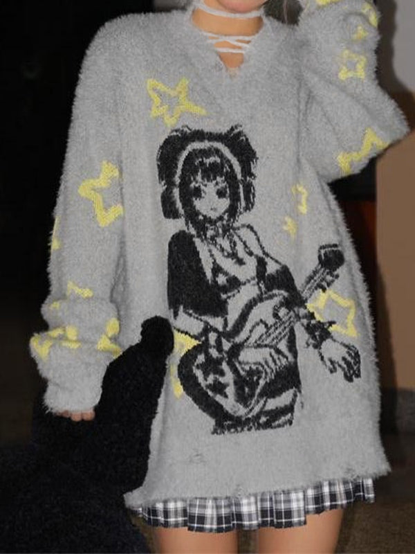 Anime Print V Neck Loose Sweater
