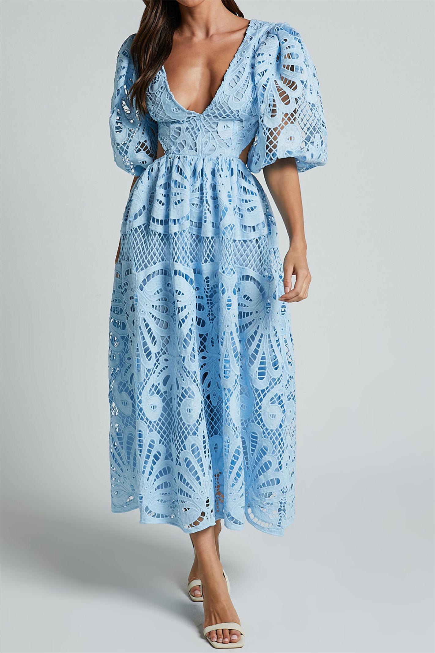 Lace V-Neck Cut-Out Midi Dress Blue