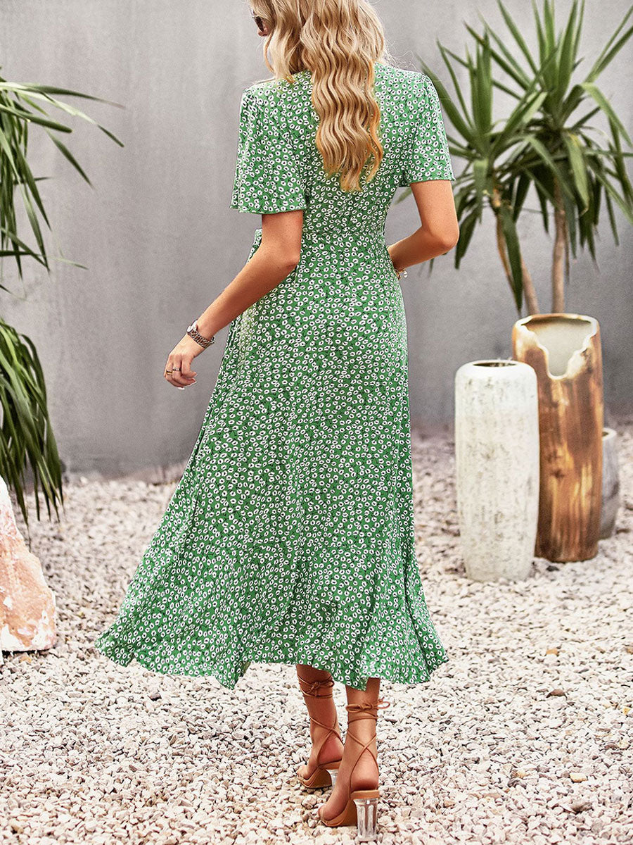 Floral Print Casual V-Neck Short Sleeves Midi Dress