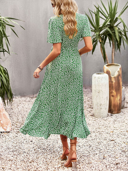 Floral Print Casual V-Neck Short Sleeves Midi Dress