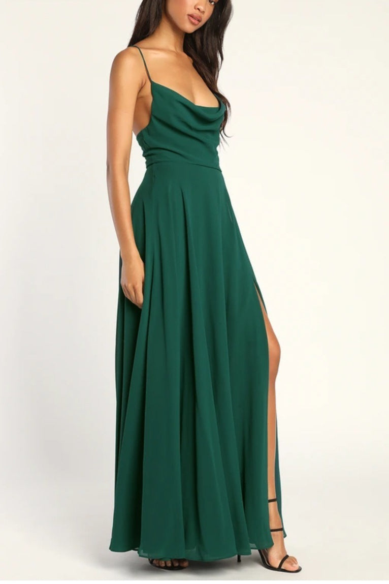 Cowl Neck Spaghetti Strap High Slit A-Line Chiffon Maxi Gown