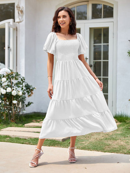 Summer Midi Dress Pink Bateau Neck Pleated Beach Dress