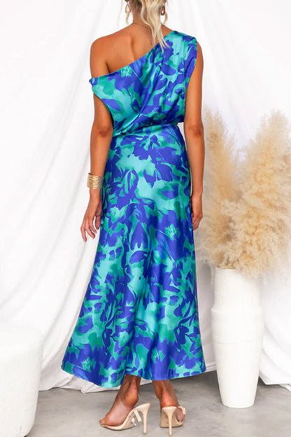 One Shoulder Tie Waist Slit Floral Print Maxi Dress