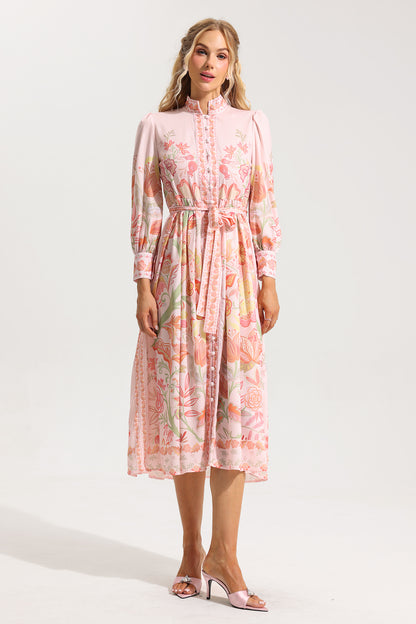 Floral Bottom Lantern Sleeve Midi Dress With Belt