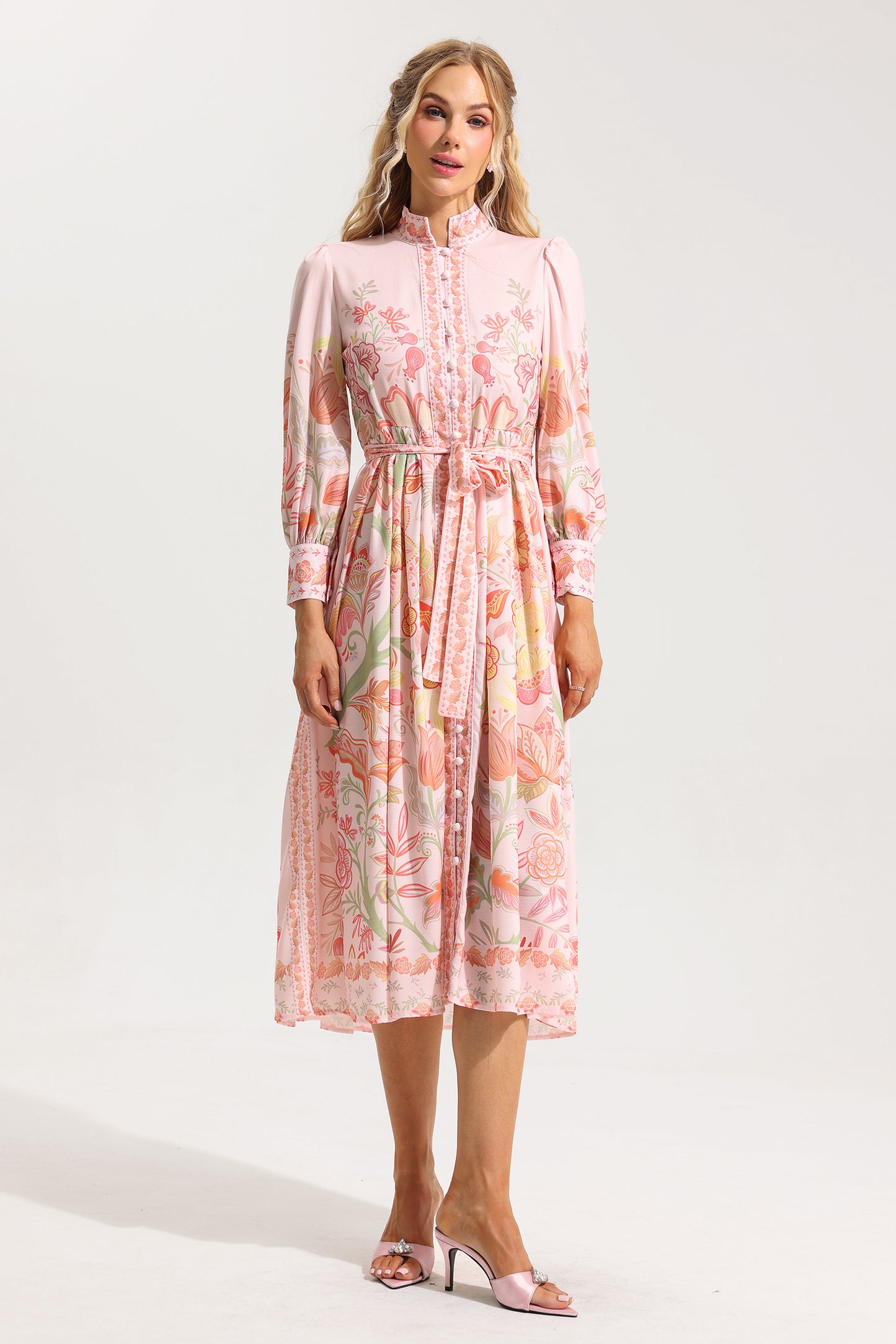 Floral Bottom Lantern Sleeve Midi Dress With Belt