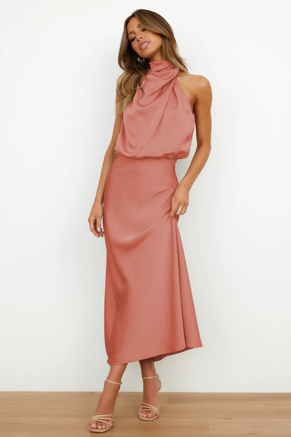 Satin High Neck Keyhole Back Sleeveless Bias-Cut A-Line Maxi Dress