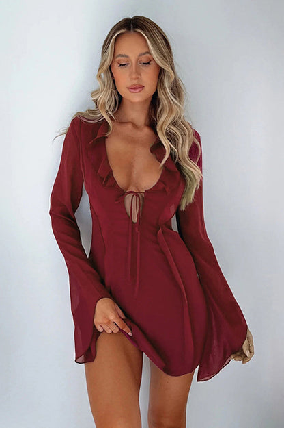 Ruffle Trim Tie Front Keyhole Deep V Neck Long Bell Sleeve Chiffon Mini Dress