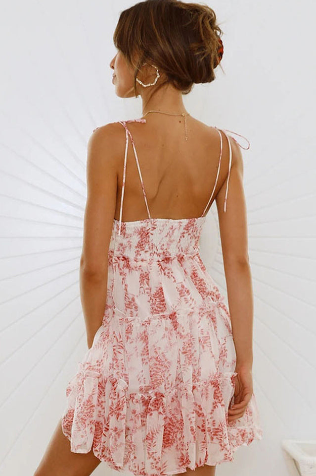 Tie Shoulder Bow Strap Ruched Empire Waist Tiered Ruffle Floral Mini Dress