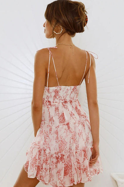 Tie Shoulder Bow Strap Ruched Empire Waist Tiered Ruffle Floral Mini Dress