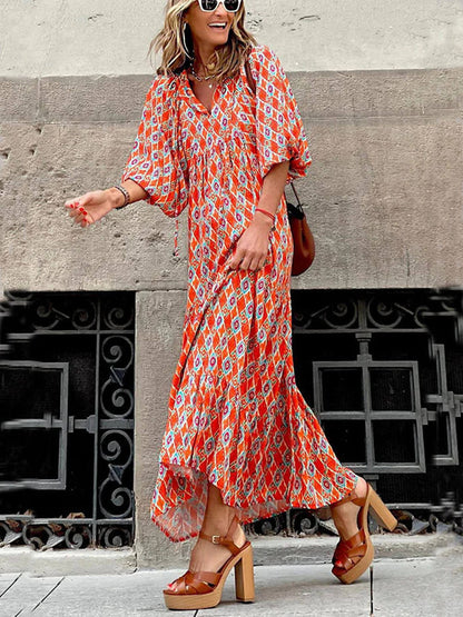 Deep V Neck Puff Sleeve Tiered Honeycomb Lattice Print Maxi Dress