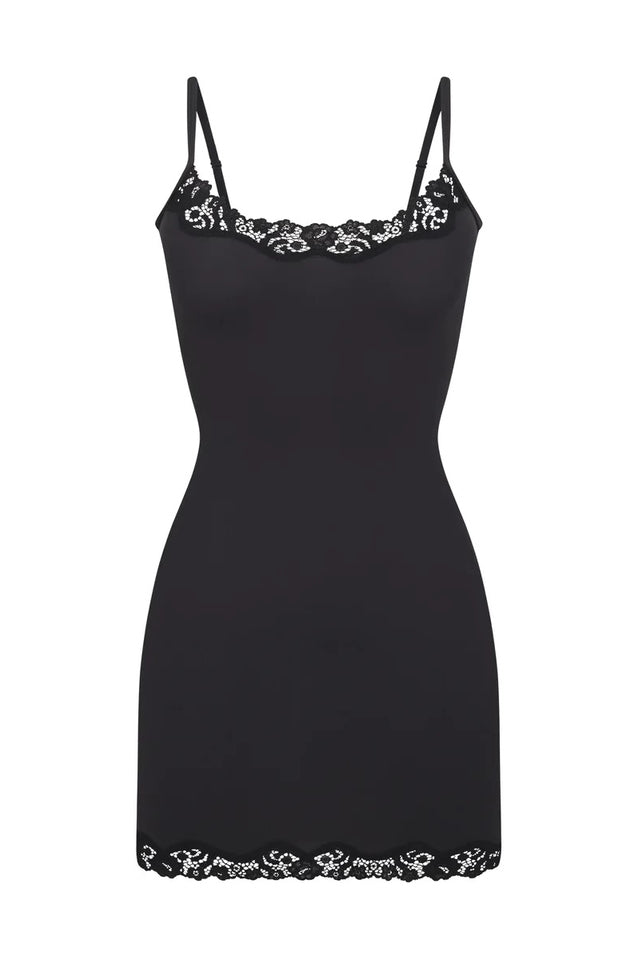 Scoop Neck Lace Trim Spaghetti Strap Bodycon Slip Mini Dress