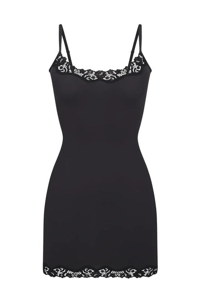 Scoop Neck Lace Trim Spaghetti Strap Bodycon Slip Mini Dress