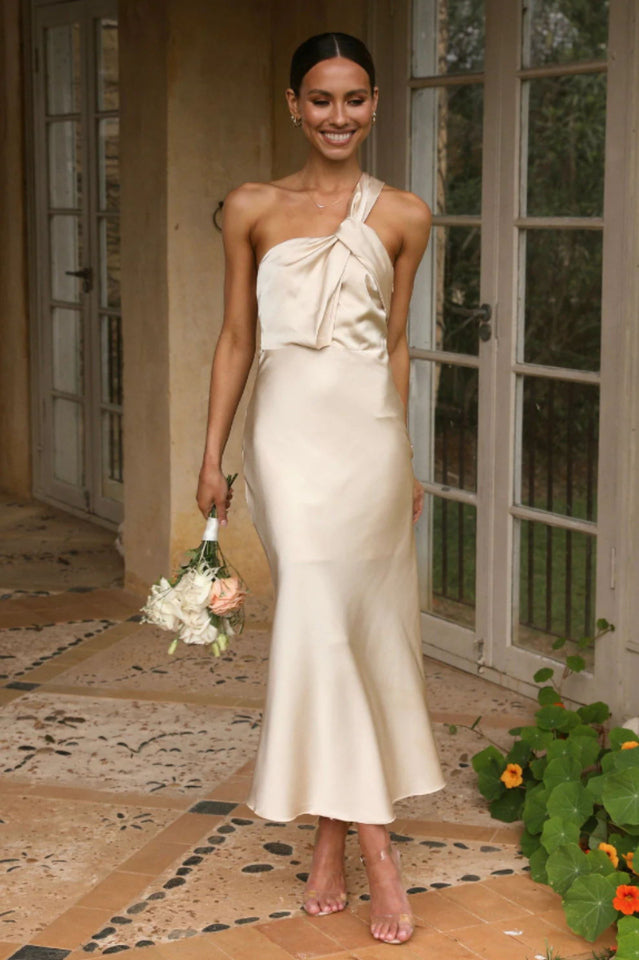 One Shoulder Knotted Strap Draped Bias Cut Satin Midi Dress