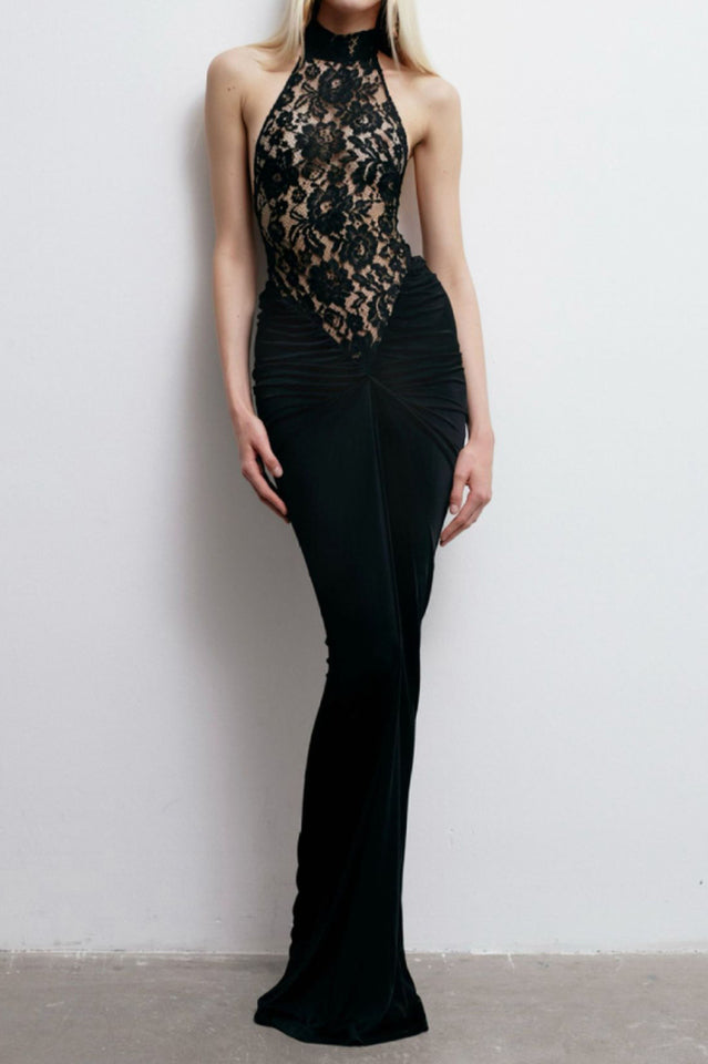 Floral Lace Halter High Neck Ruched Waist Column Maxi Gown