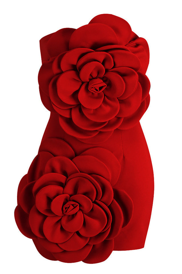 Strapless Oversized 3D Floral Applique Bodycon Mini Dress