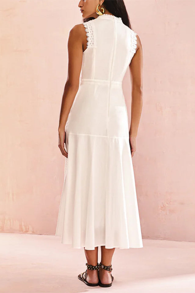 Mock Neck Crochet Lace Trim Eyelet Panel Pleated Fit and Flare Midi Dress