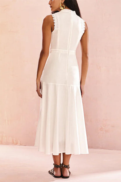 Mock Neck Crochet Lace Trim Eyelet Panel Pleated Fit and Flare Midi Dress