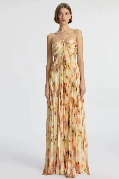 Halter Neck Plisse Pleated Watercolor Floral Waist Cutout Maxi Dress