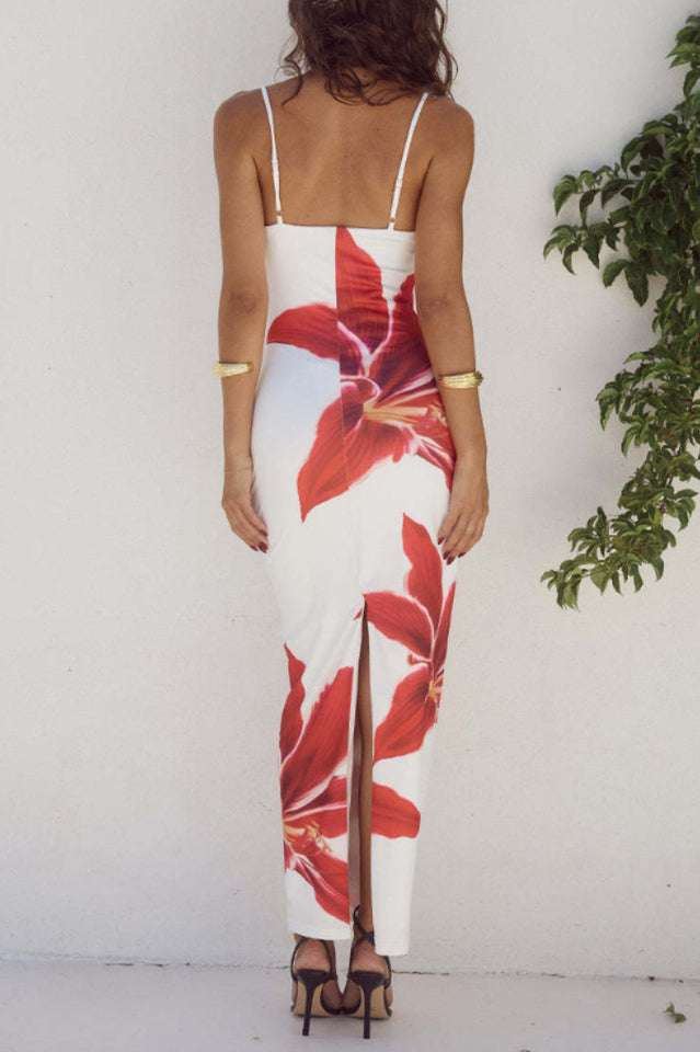 Spaghetti Strap Straight Neck Large Floral Graphic Print Bodycon Maxi Dress