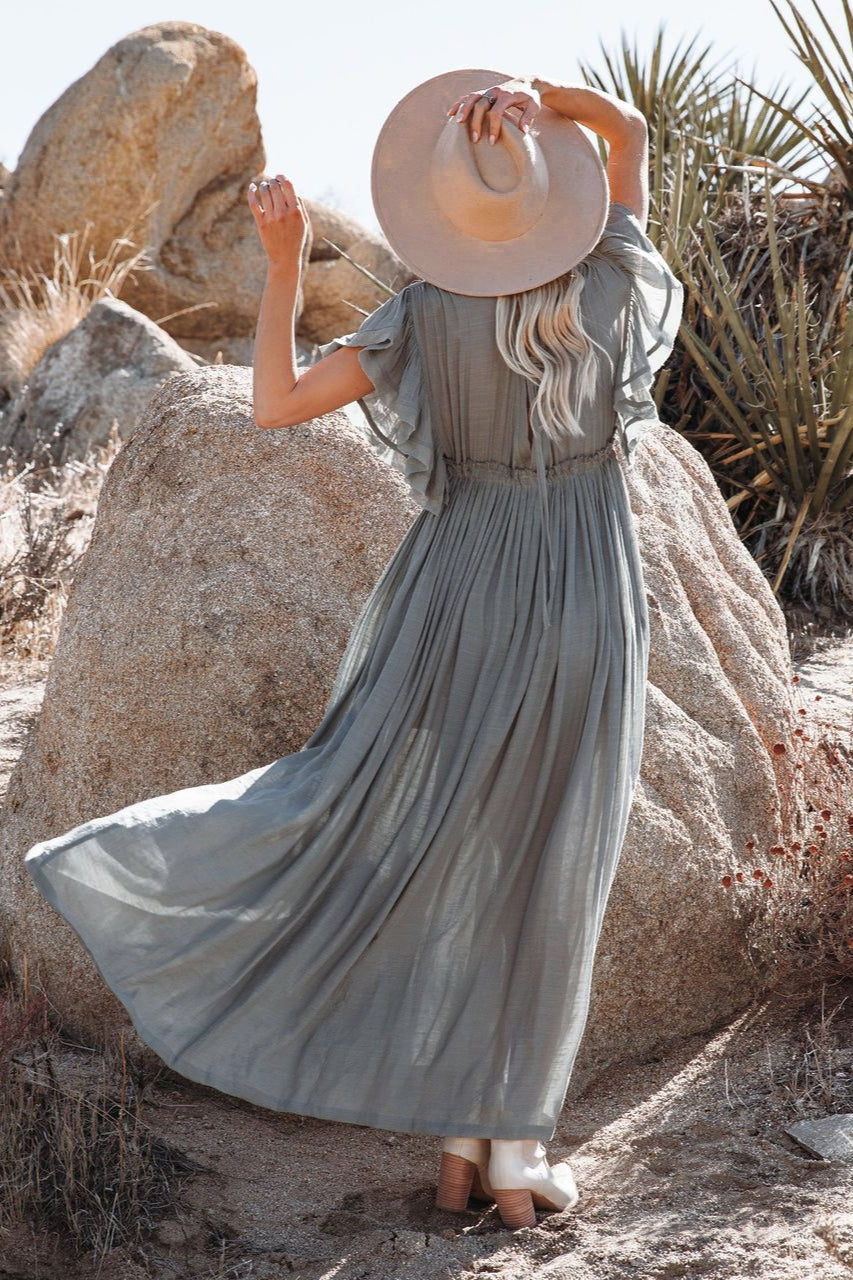 Deep V-Neck Flutter Sleeve Button Front Drawstring Waist Maxi Dress