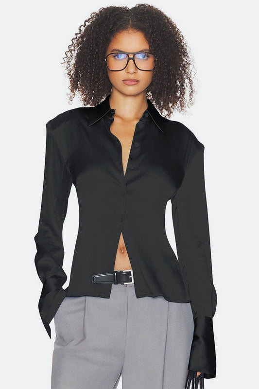 Fitted Tie Waist Long Sleeve Blouse