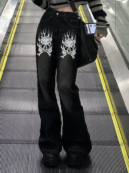 Washed Skull Print Boyfriend Jeans