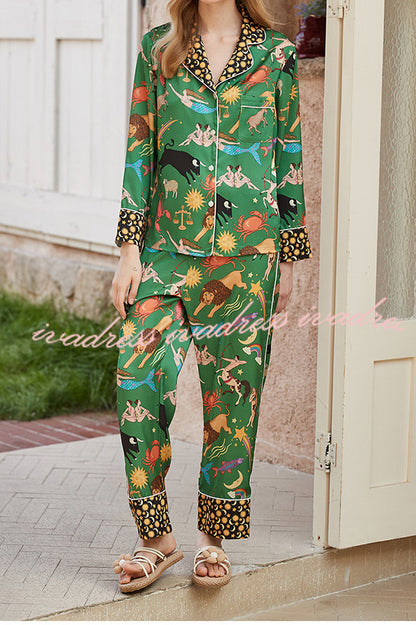 Green Constellation Printed Home Long Sleeved Two-piece Set