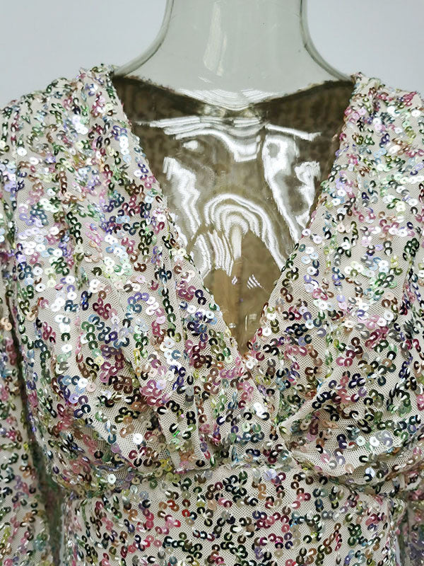 Sequins Mini Dress Deep V Long Sleeves Cuffs Feminine Party Dresses