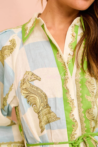 Unique Printed Long Sleeve Drawstring Pocket Shirt Midi Dress