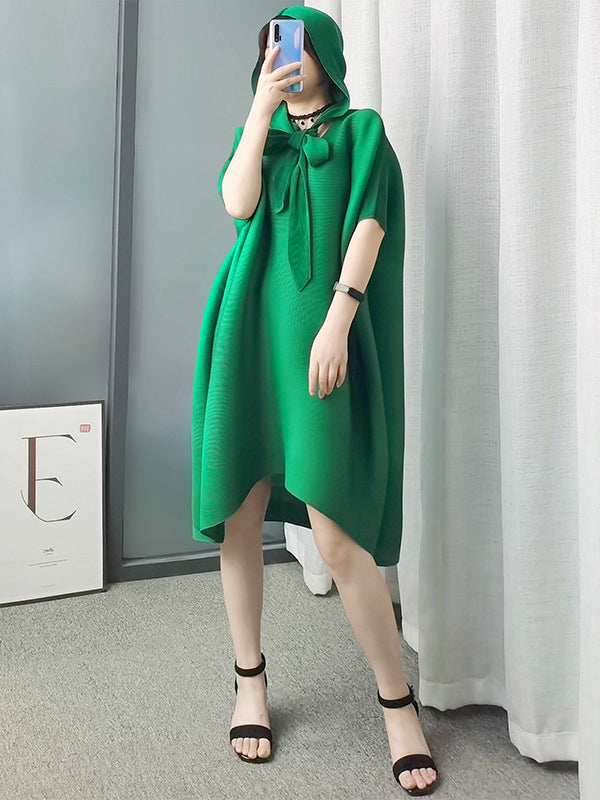 Batwing Sleeves Loose Lace-Up Pleated Hooded Midi Dresses