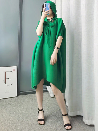 Batwing Sleeves Loose Lace-Up Pleated Hooded Midi Dresses