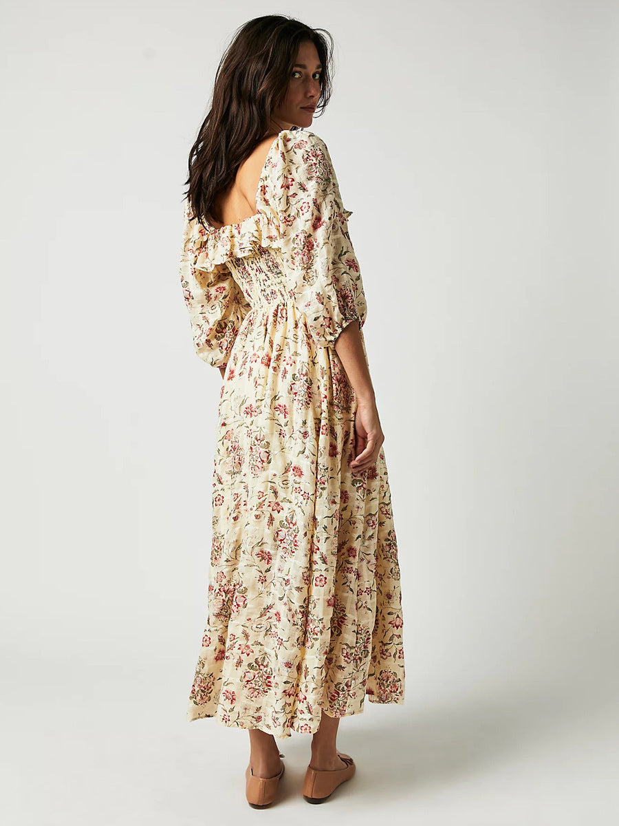 A-Line Dress Floral Ruching Sqaure Neck Three Quarters Daily Casual Midi Dresses
