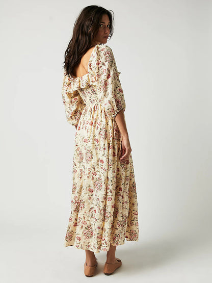 A-Line Dress Floral Ruching Sqaure Neck Three Quarters Daily Casual Midi Dresses