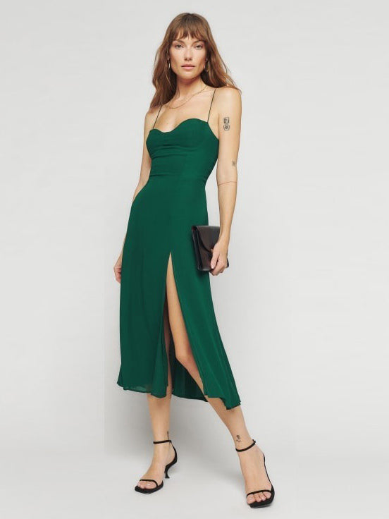 Summer Midi Dress Green Straps Neck Split Front Beach Dress