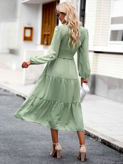 Midi Dresses V-Neck Long Sleeves Pleated Layered Chic Fit And Flare Dress