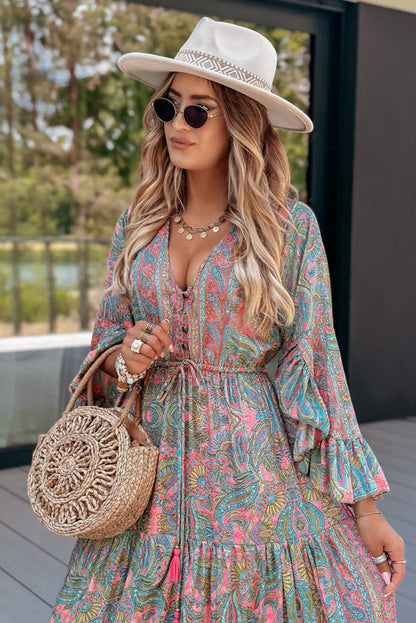 Green Paisley Printed Ruffle Trim Elegant Maxi Dress