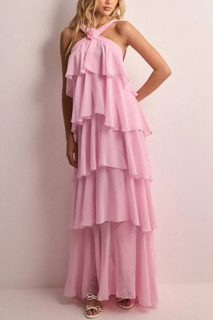 Sleeveless Open Back Ruffle Layered Maxi Dress