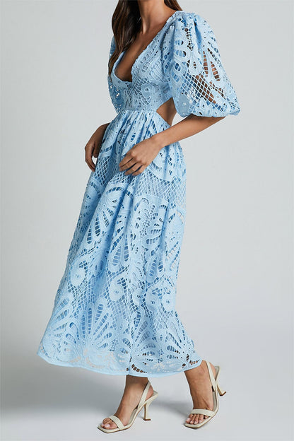 Lace V-Neck Cut-Out Midi Dress Blue