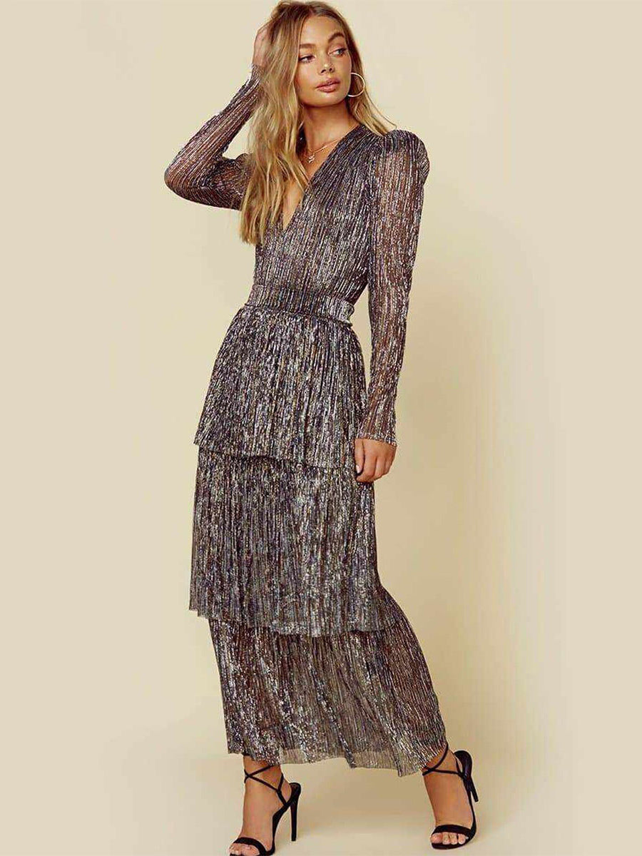 Tiered Maxi Dress Plunge Illusion Sleeves Strong Shoulder Prom Dresses