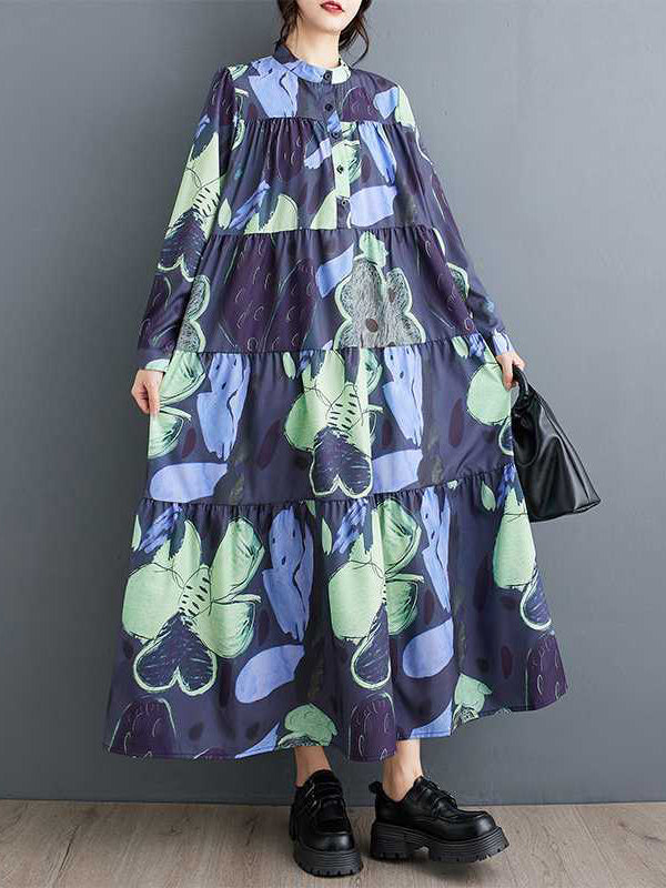 A-Line Long Sleeves Buttoned Flower Print Pleated Split-Joint Round-Neck Midi Dresses