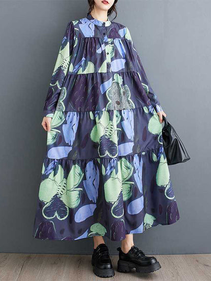 A-Line Long Sleeves Buttoned Flower Print Pleated Split-Joint Round-Neck Midi Dresses