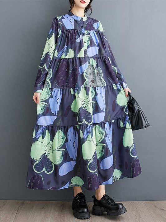A-Line Long Sleeves Buttoned Flower Print Pleated Split-Joint Round-Neck Midi Dresses